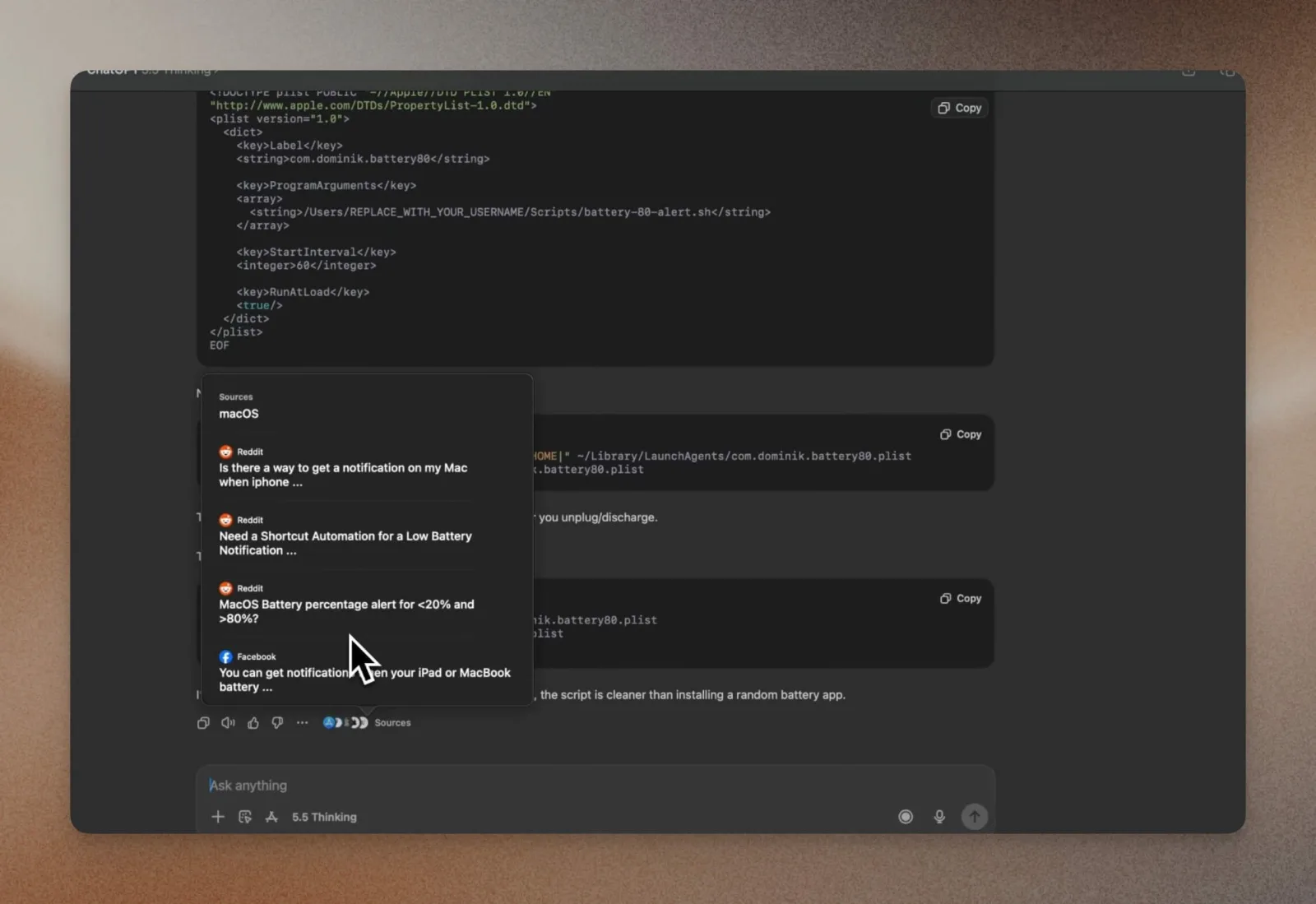 ChatGPT sources panel listing Reddit threads for a Mac battery notification question