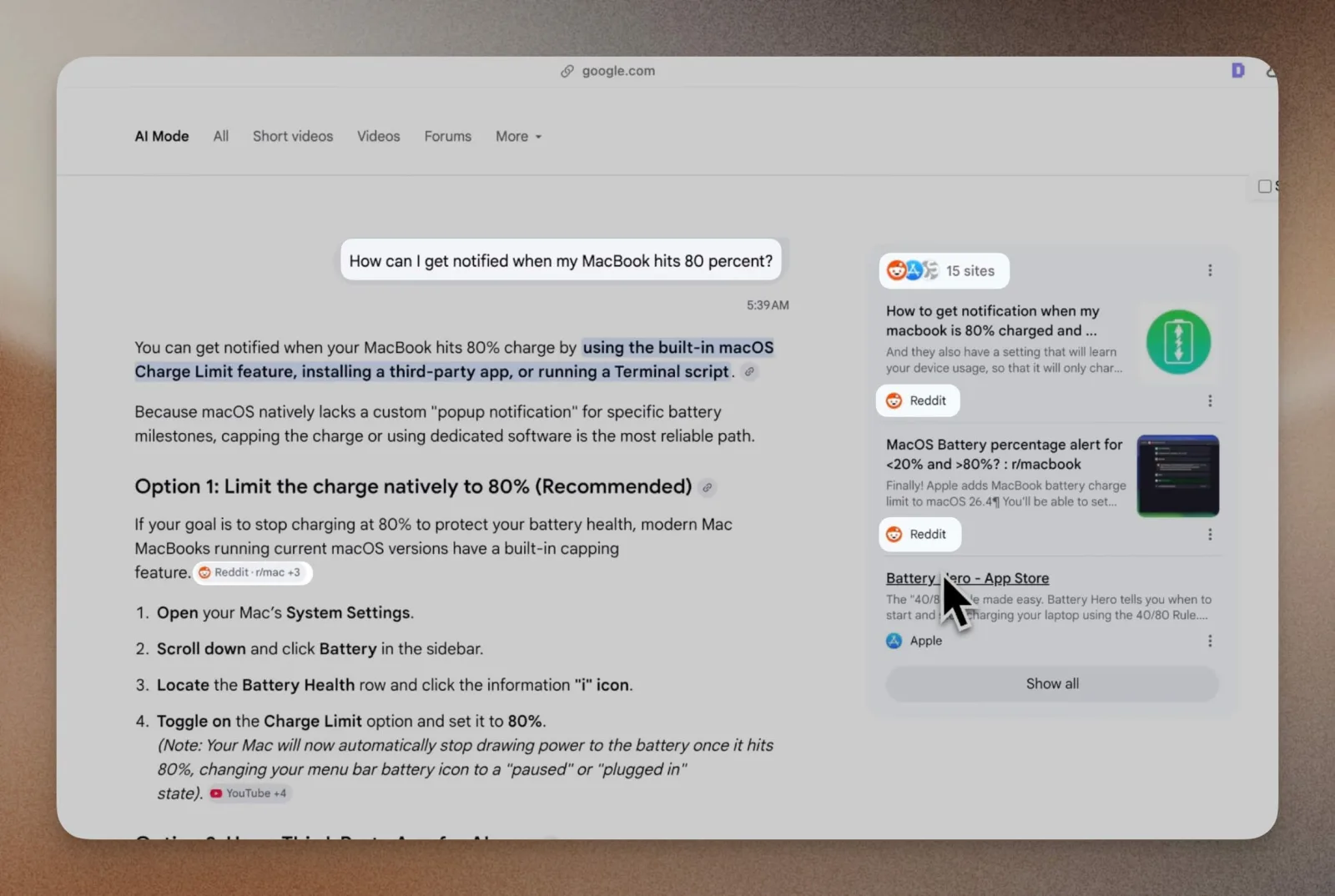 Google AI Mode answering a MacBook battery question with Reddit threads as its sources