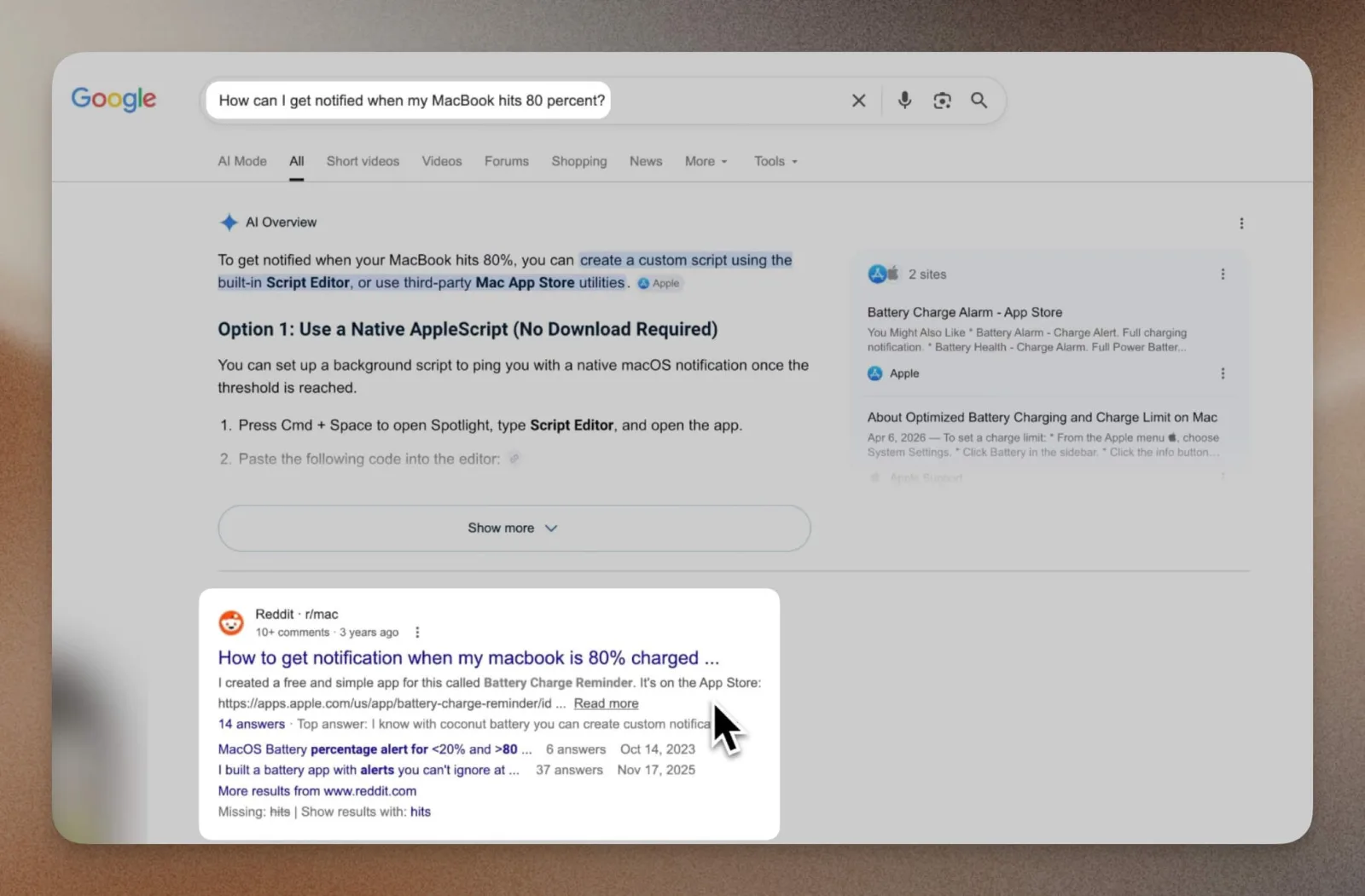Google AI Overview next to an r/mac thread ranking first for a MacBook charge limit question