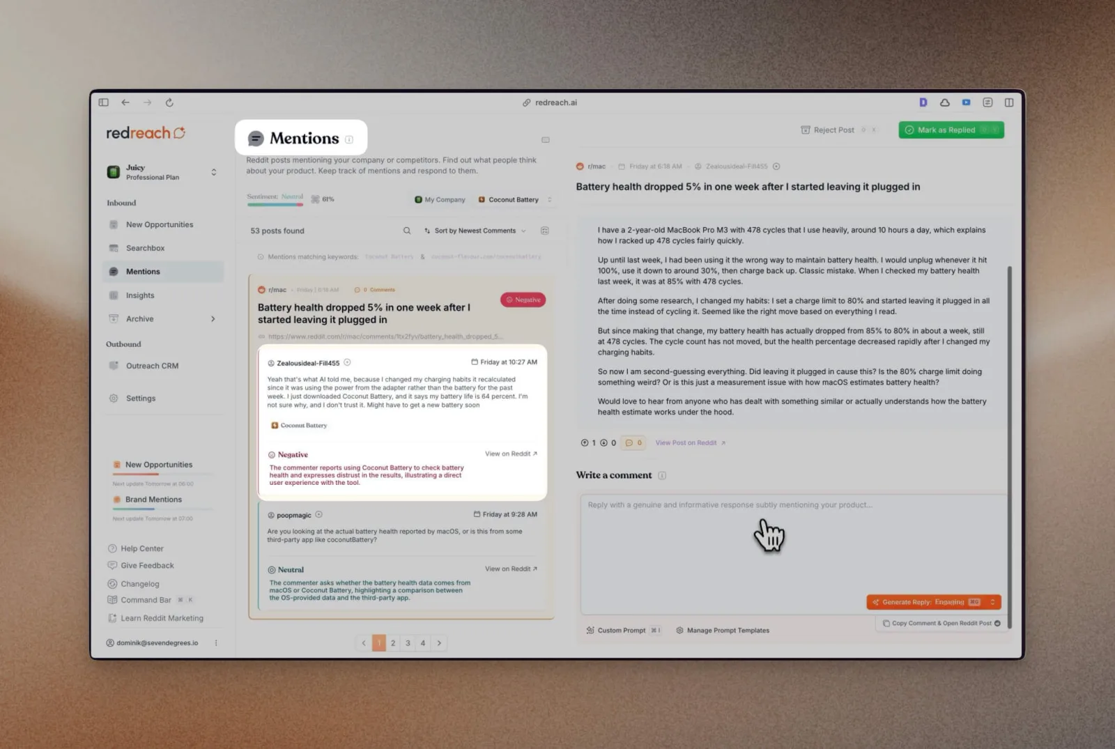 Redreach Mentions view with competitor mentions, sentiment and an AI summary of the comments