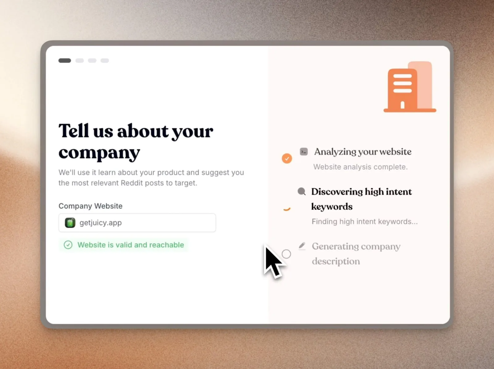 Redreach onboarding: enter your website and it analyzes your product and discovers high-intent keywords