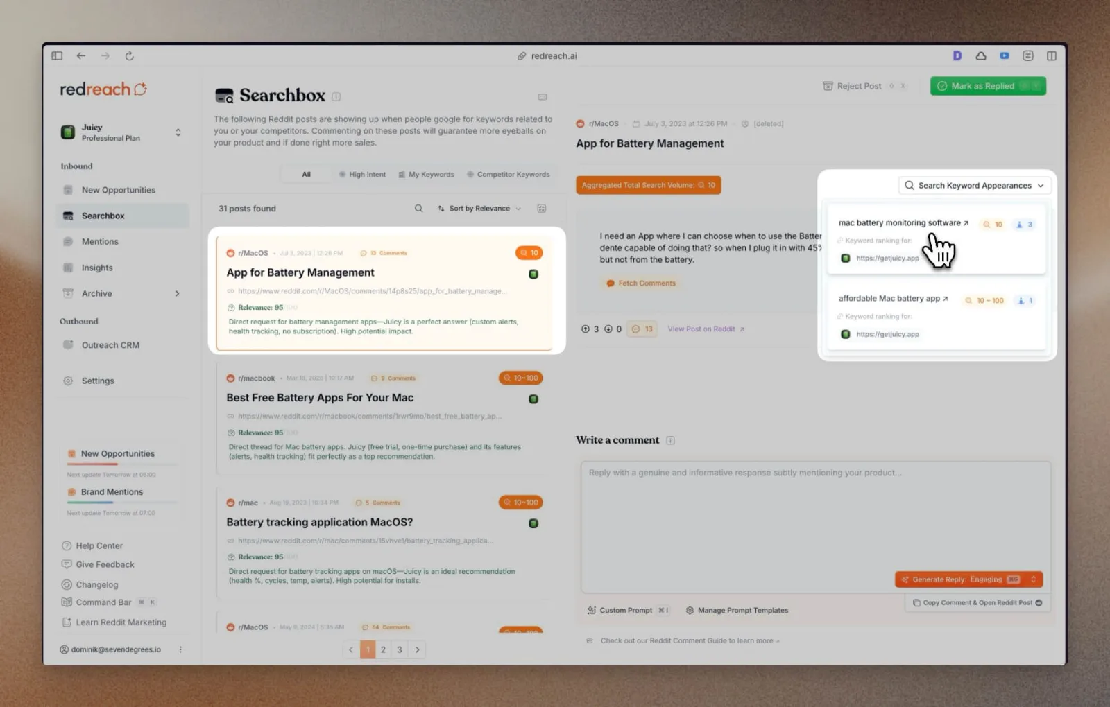 Redreach Searchbox showing high-intent Reddit threads that rank on Google for Mac battery app keywords