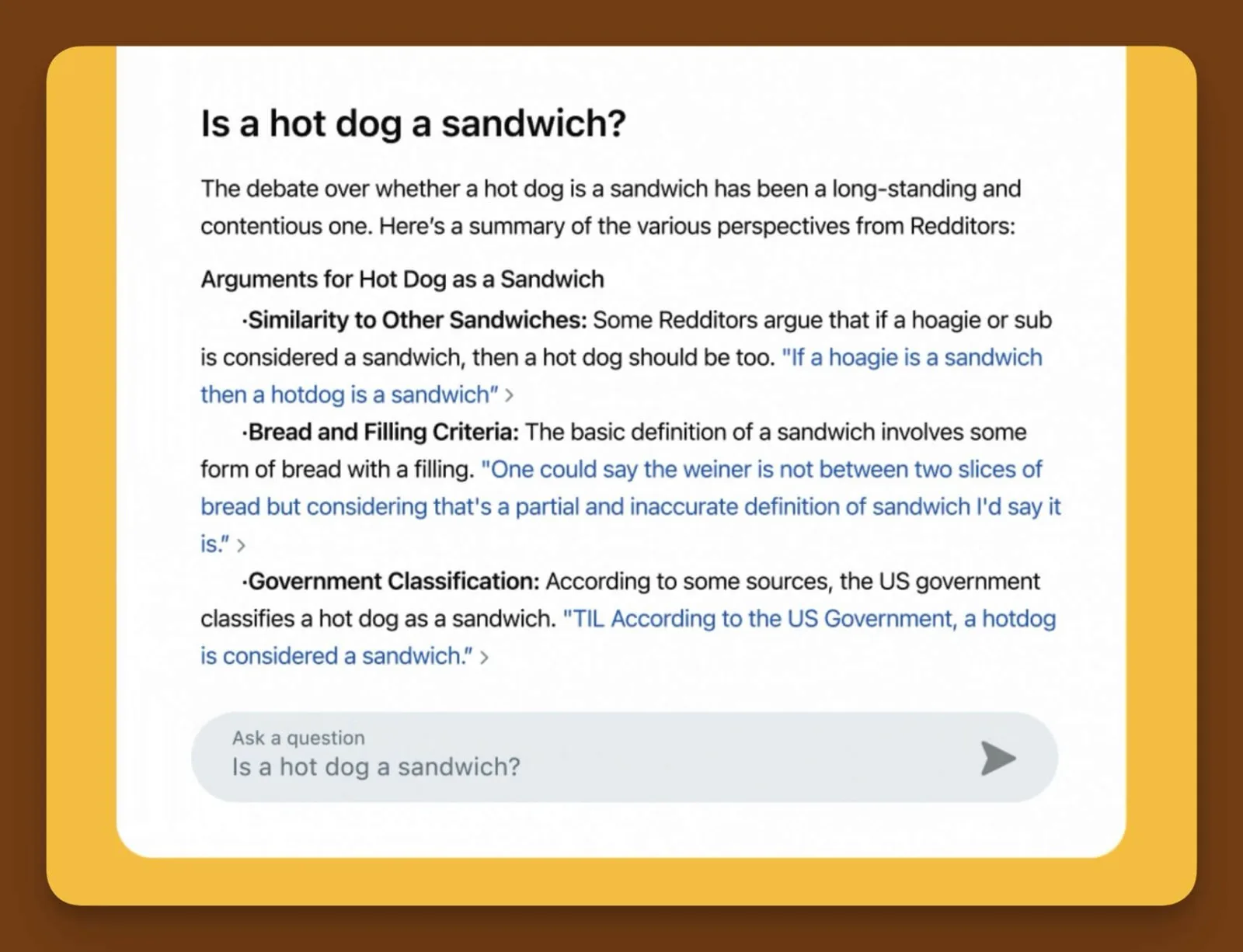 Reddit Answers summarizing Redditor perspectives with links to the original comments