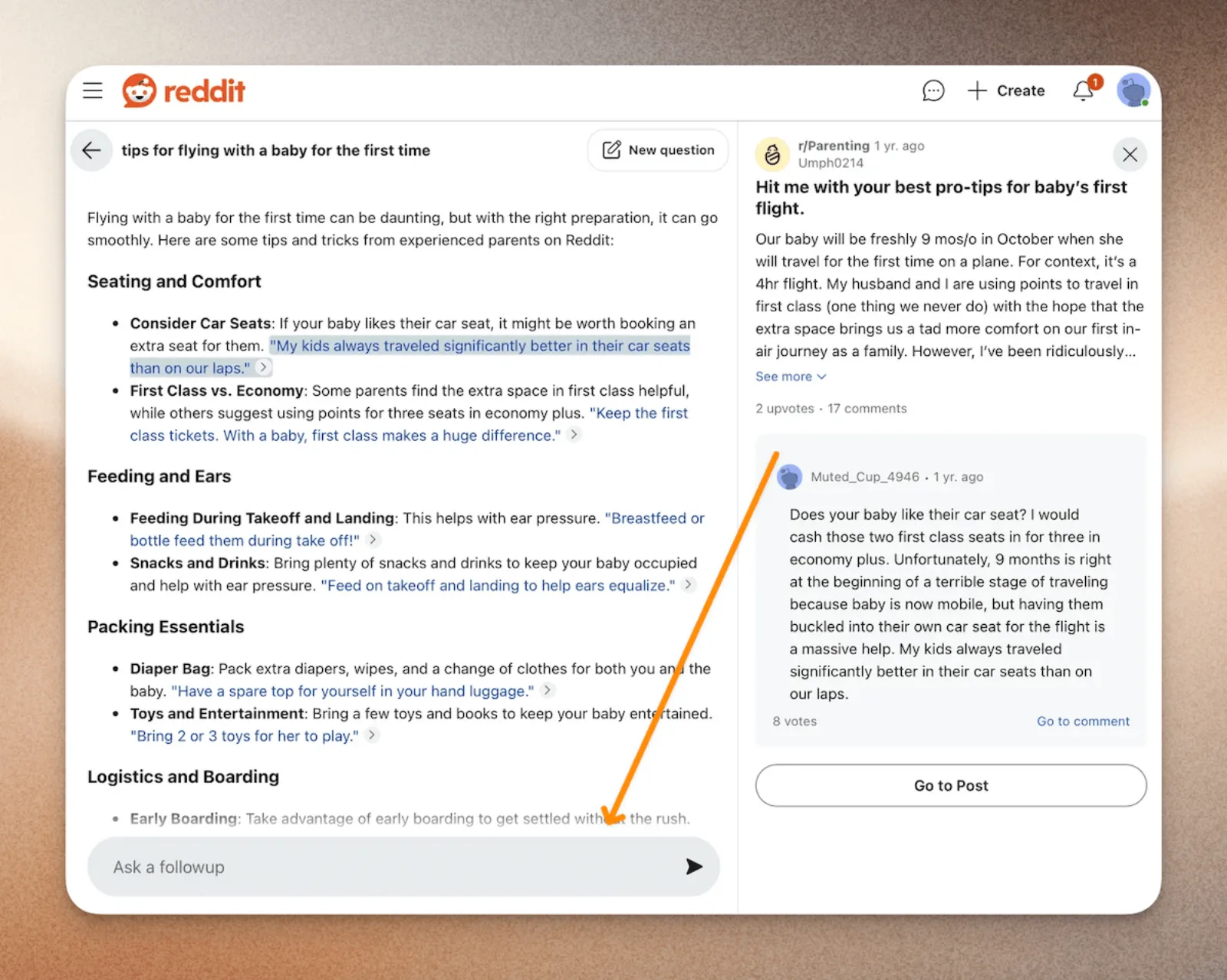 Reddit Answers result for tips on flying with a baby, with the cited r/Parenting thread on the right