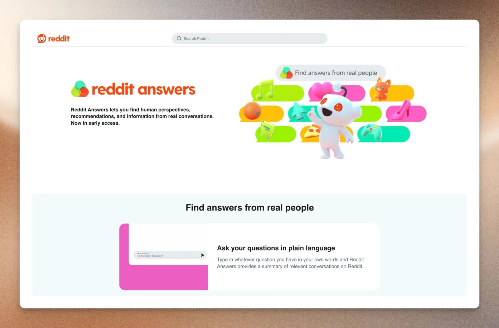 Reddit Answers landing page: find answers from real people