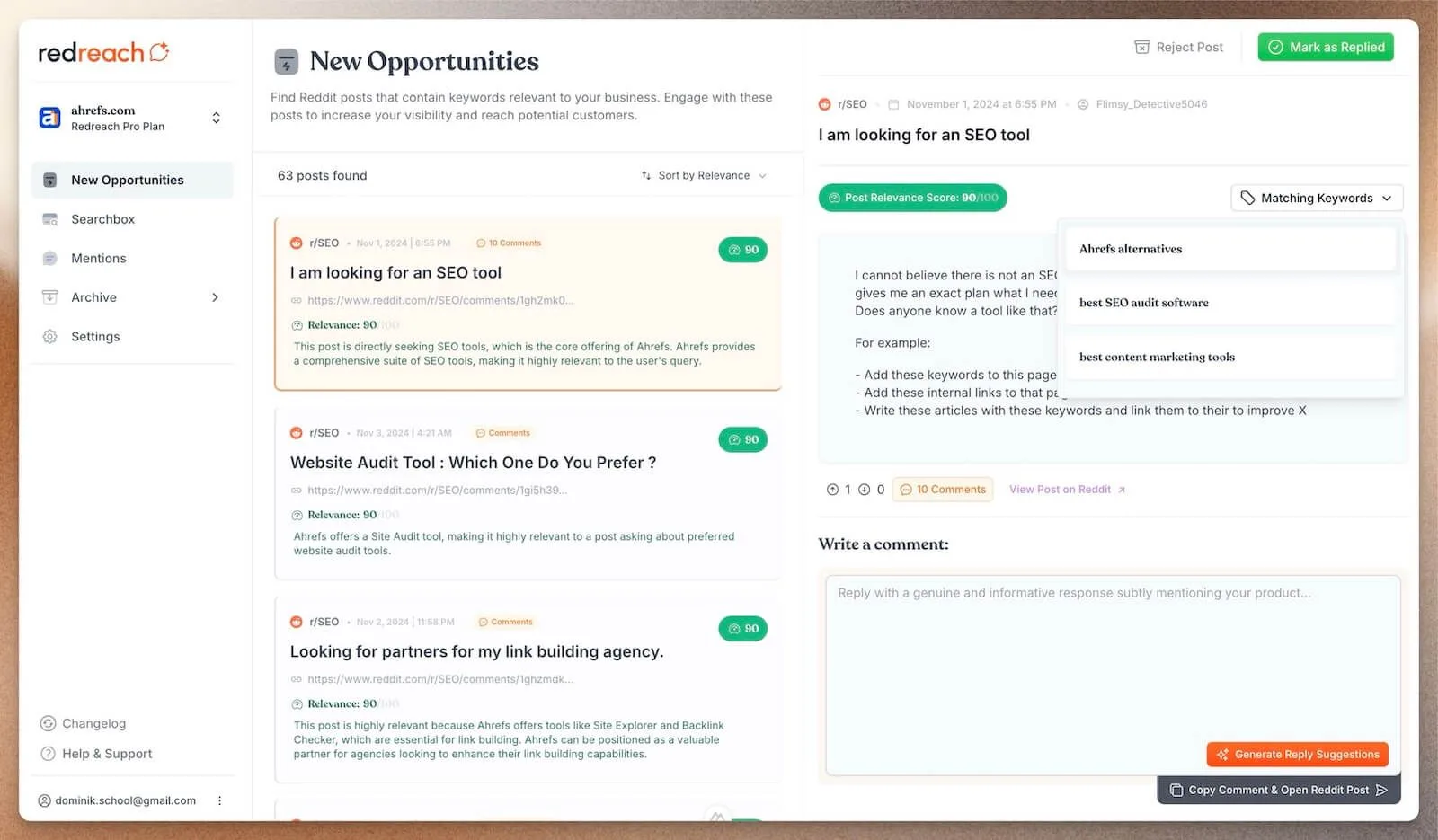 Redreach New Opportunities dashboard listing relevant Reddit posts with relevance scores and matching keywords