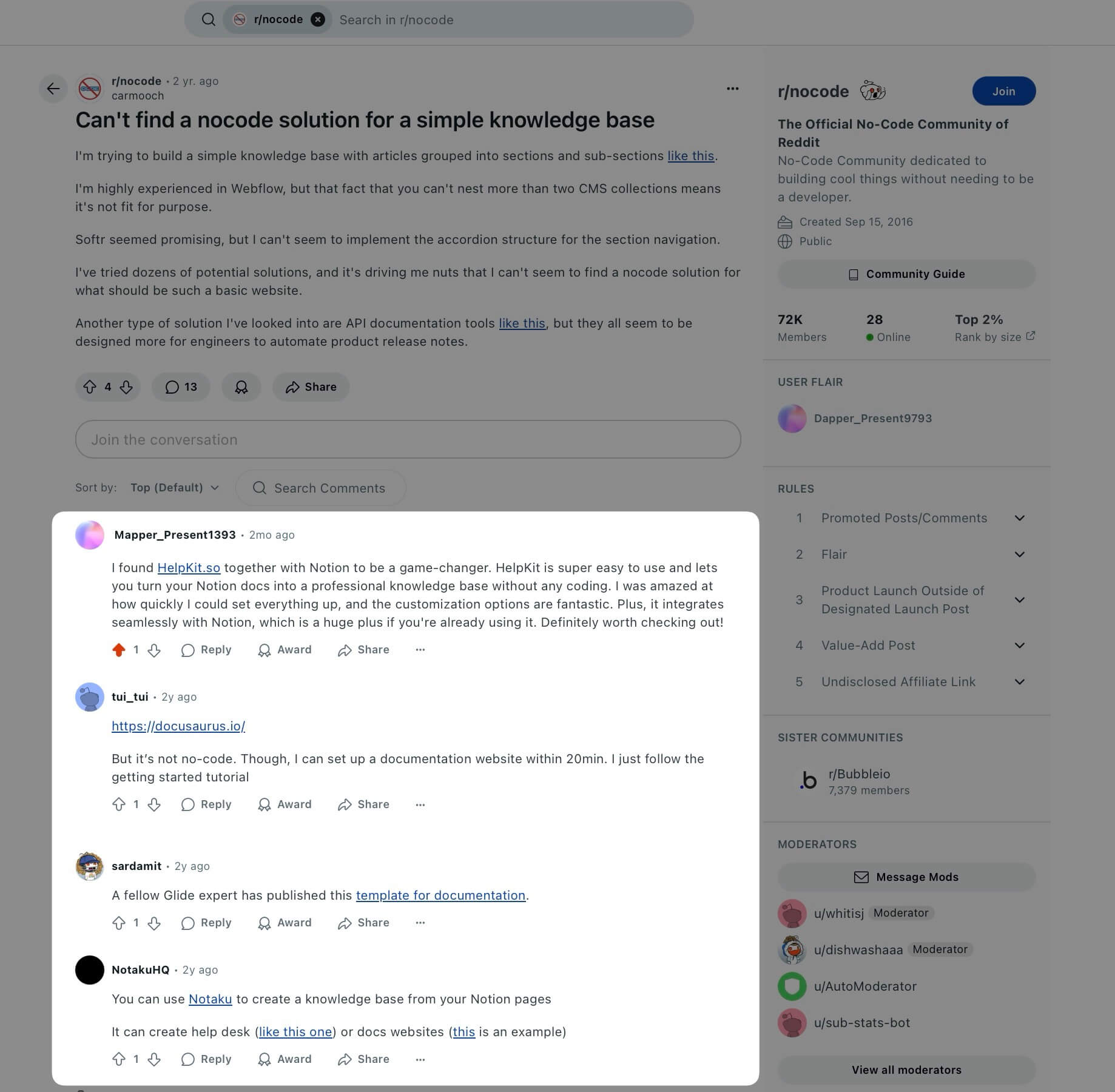 Example of a Reddit comment section with a lot of product links