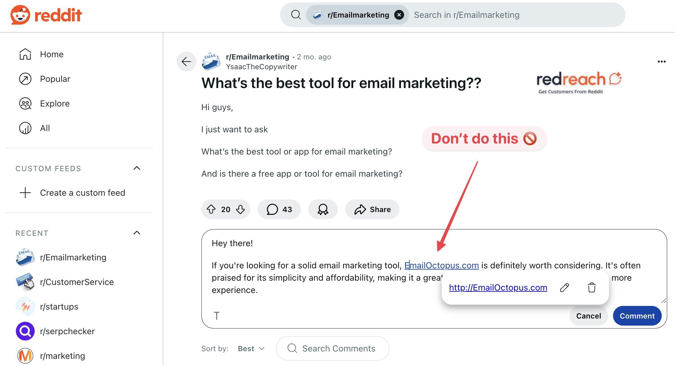 Example of a bad Reddit comment that mentions product with direct link